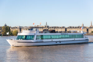 Burdigala 2 en entier Le Burdigala 2 passant près de la Place de la Bourse et du Miroir d'eau, vu en entier sur la photo.